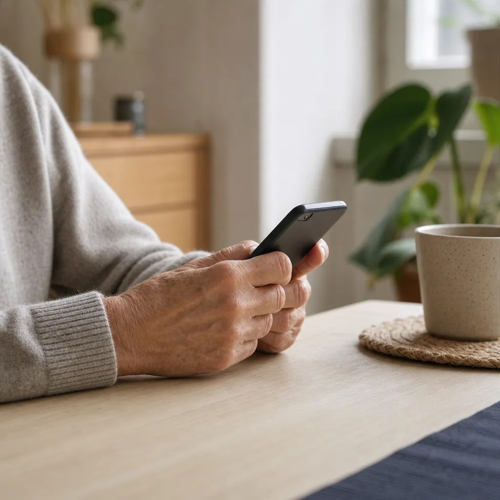 Pensionärs händer som håller en enkel prisvärd smartphone