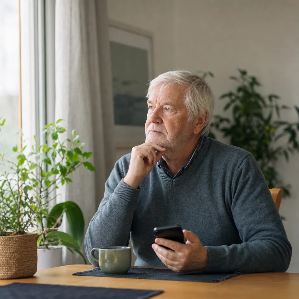 Pensionär läser svar på vanliga frågor om seniorabonnemang i mobilen