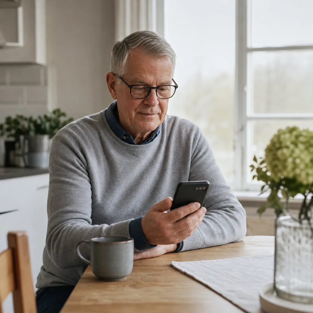 Pensionär sitter hemma vid köksbordet och jämför mobilabonnemang på sin telefon