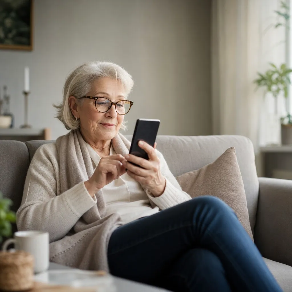 Pensionär håller en iPhone med stor skärm i soffan