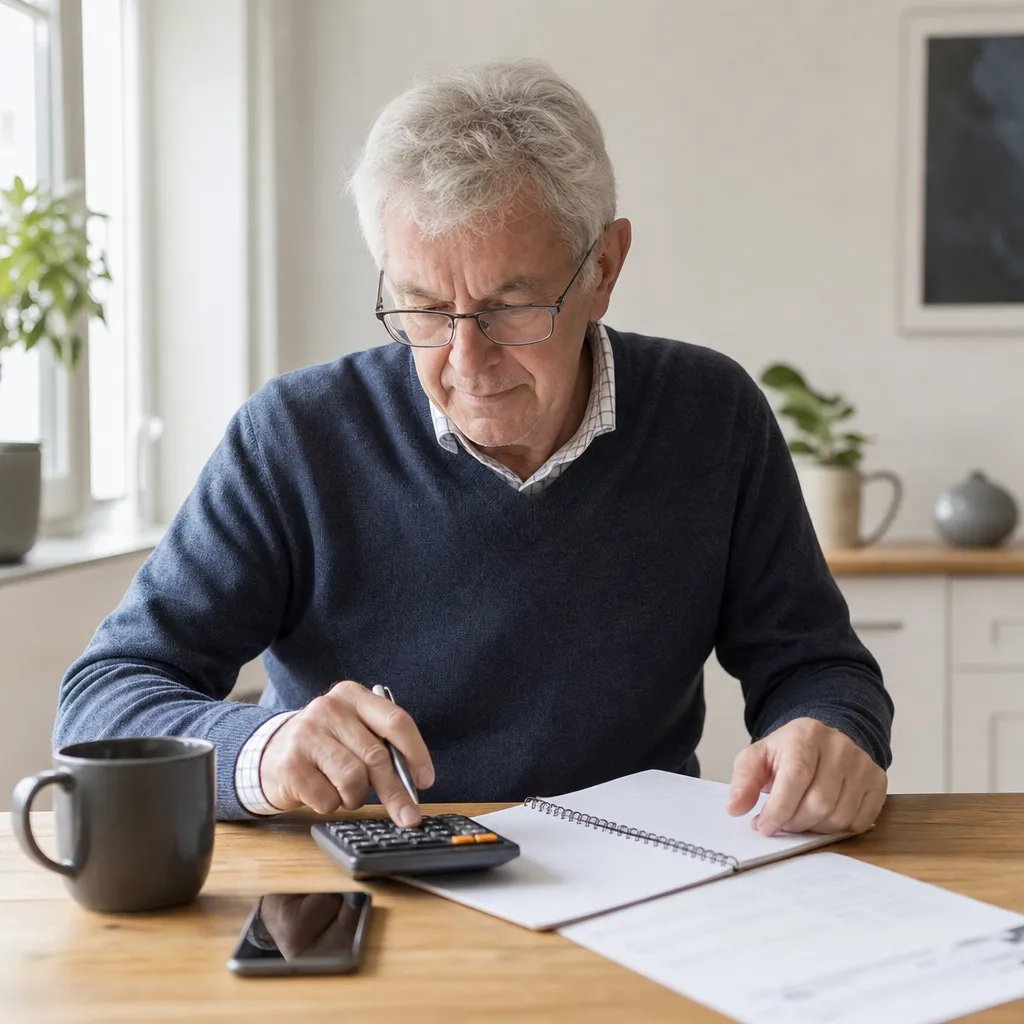 Pensionär räknar ut jämförpris för seniorabonnemang vid köksbordet