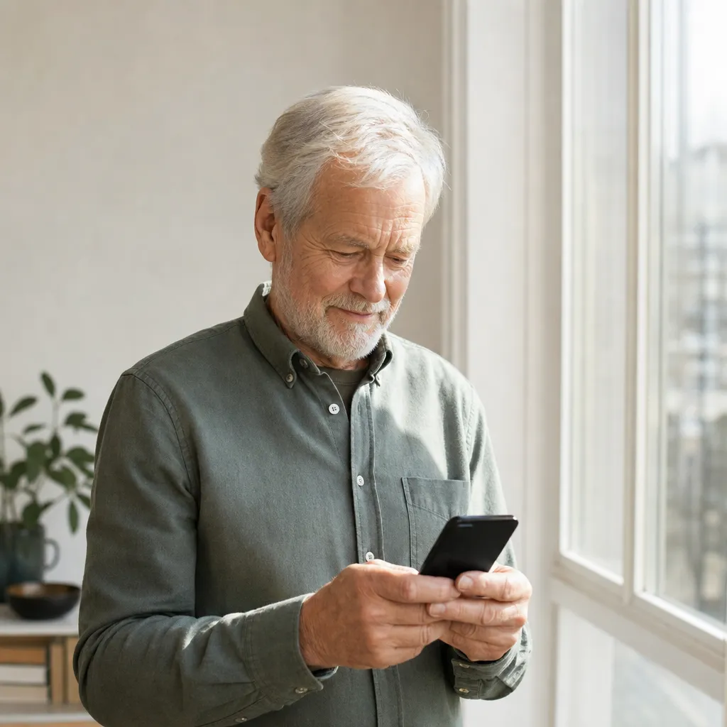 Pensionär håller en ny smartphone som köpts med seniorabonnemang