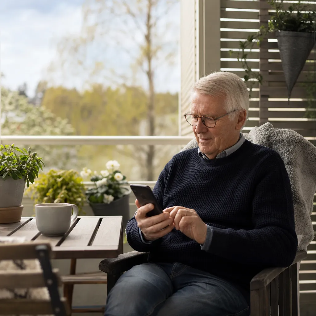 Pensionär använder en Samsung Android-telefon på balkongen