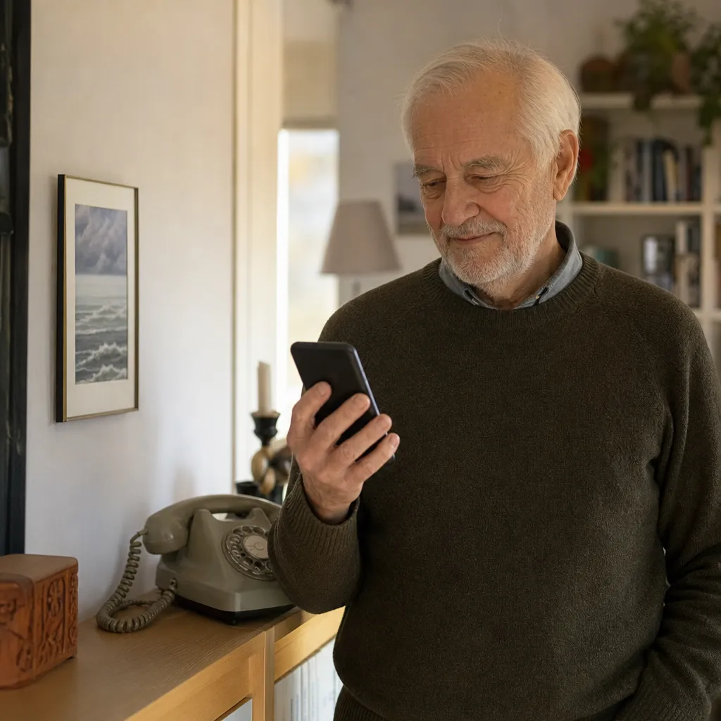 Pensionär ringer med mobil som ersätter den fasta telefonen vid köksbordet