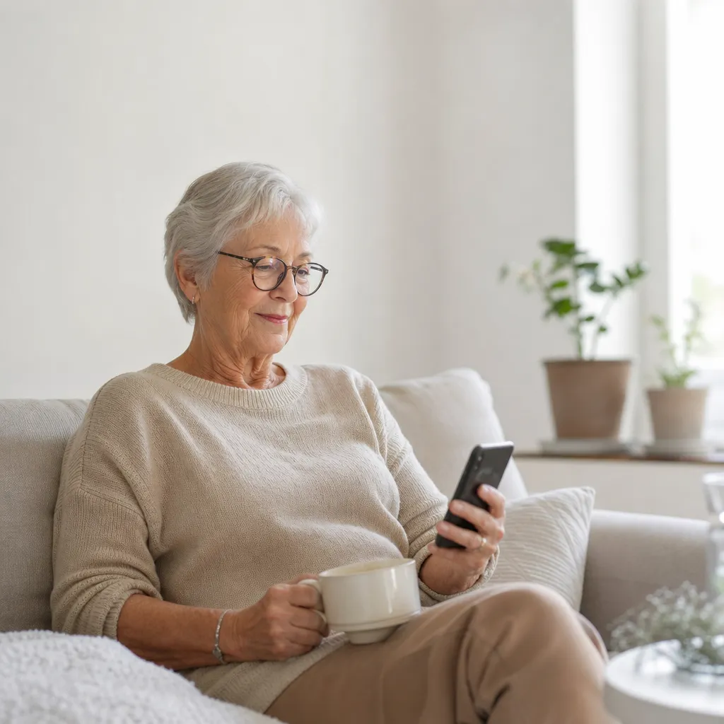 Pensionär dricker kaffe i soffan och tittar nöjt på sitt billiga seniorabonnemang i mobilen