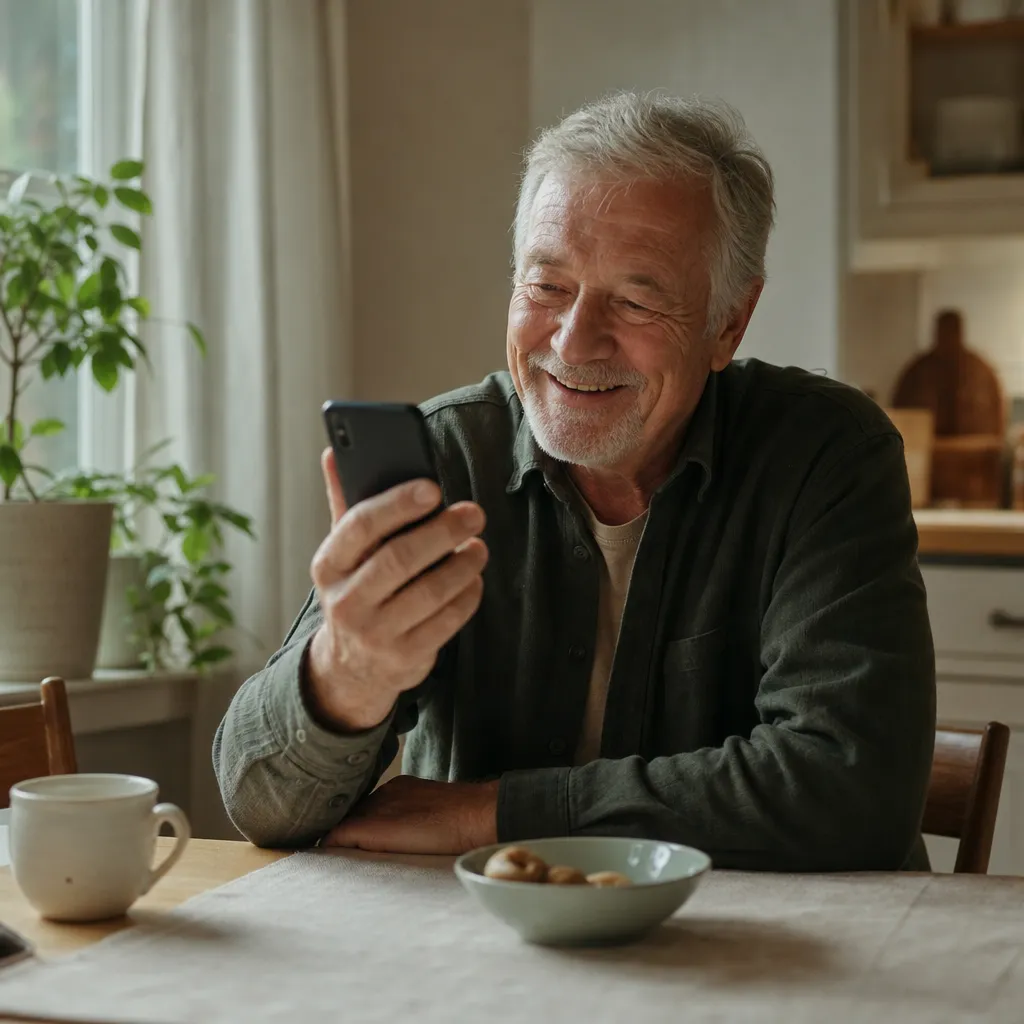 Glad pensionär ler under ett videosamtal med barnbarnen i mobilen vid köksbordet