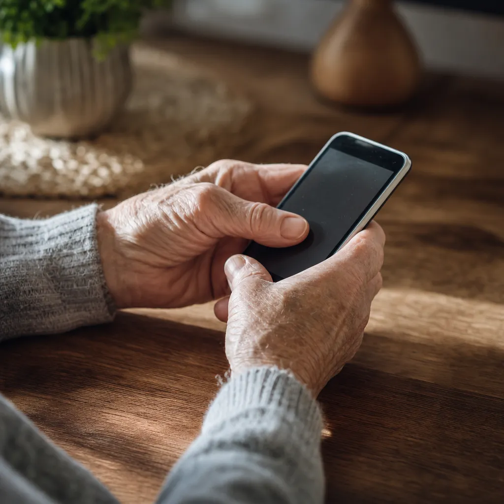 Närbild på en pensionärs händer som håller en välskött äldre mobil de vill behålla