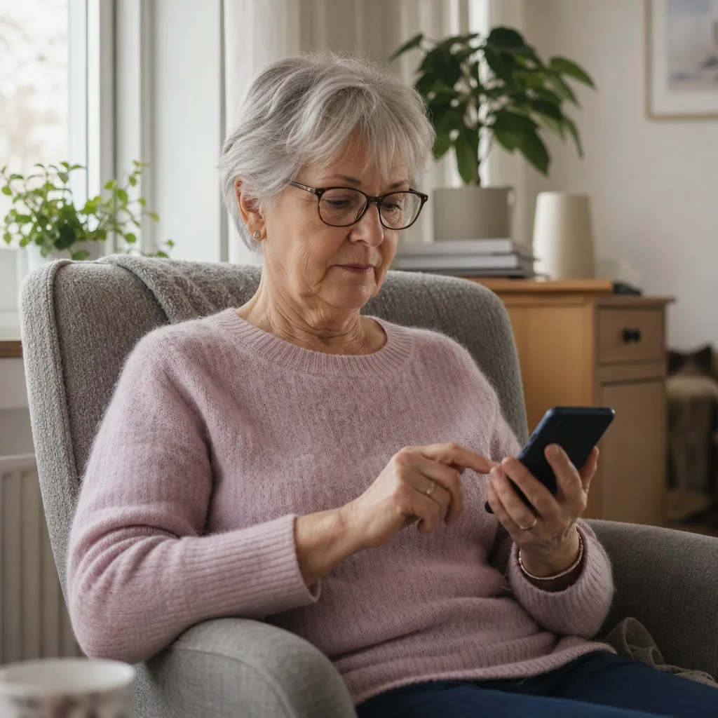 Pensionär sköter sitt Vimla 55+-abonnemang i mobilappen